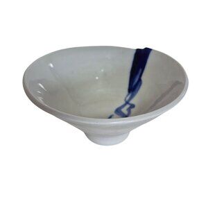 Studio Pottery Bowl Abstract Blue Drip Glaze Footed Base Organic Form Signed